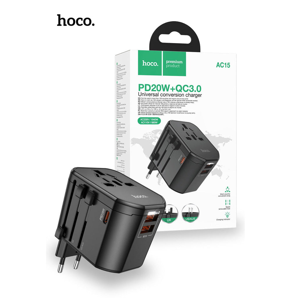 Hoco AC15 20W PD QC 3.0 Fast Charging International TRAVEL Charger Wall Adapter Socket AU|USA|UK|EU|