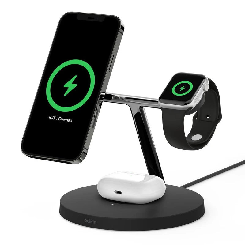 Belkin BoostCharge PRO 3-in-1 Qi2 15W Wireless Charger Stand MagSafe 2024 Model - Black