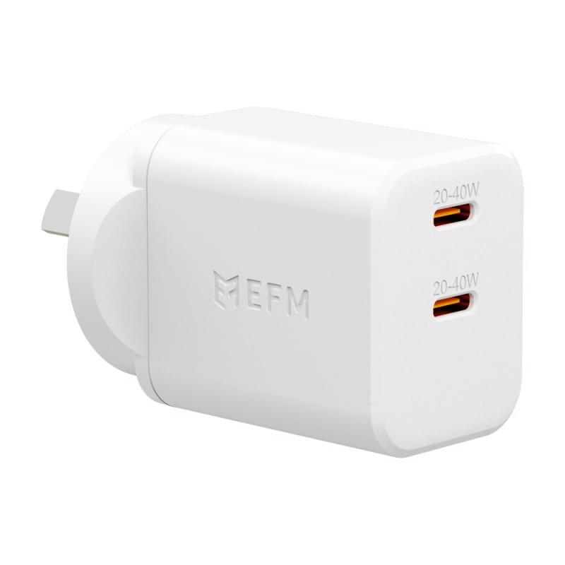 EFM ECO 40W Dual Port Wall Charger with GaN, Power Delivery and PPS - White