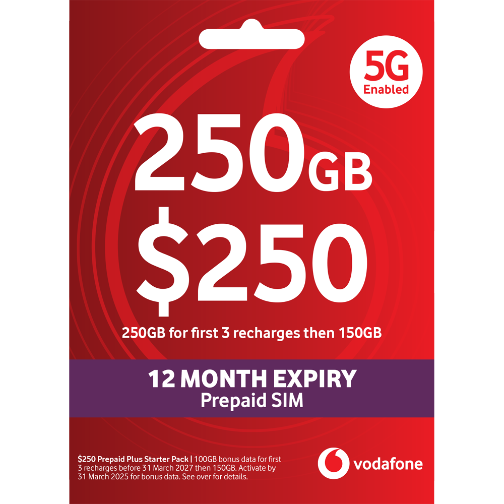 Vodafone $250 Prepaid Starter Pack - 150GB | 365 Days/12 Month Expiry