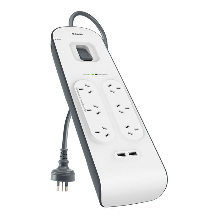 Belkin 6-Outlet Surge Protector Powerboard with 2M Lead 2 x USB Charging Ports  - White/Grey