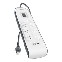 Thumbnail for Belkin 6-Outlet Surge Protector Powerboard with 2M Lead 2 x USB Charging Ports  - White/Grey