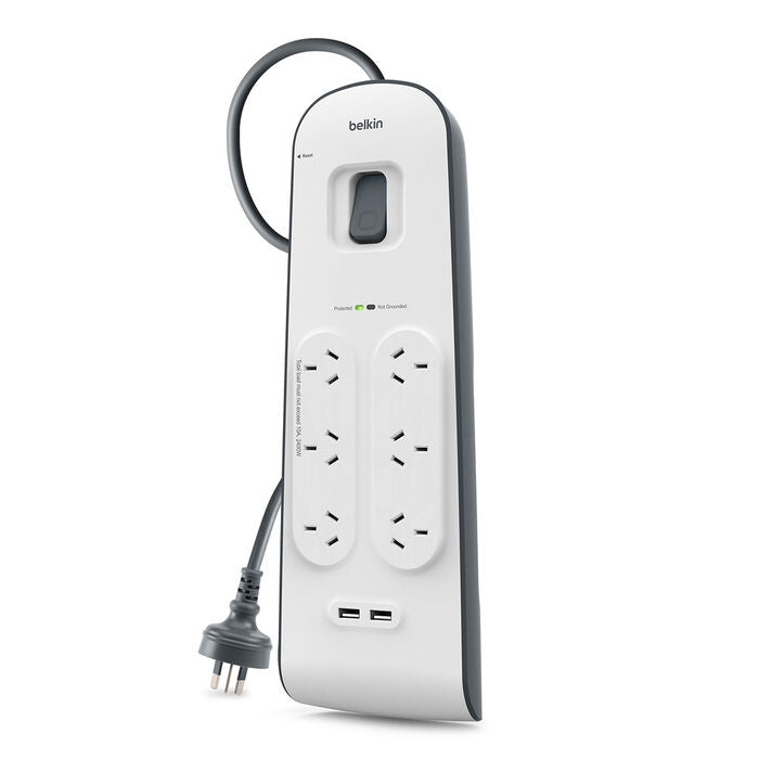 Belkin 6-Outlet Surge Protector Powerboard with 2M Lead 2 x USB Charging Ports  - White/Grey