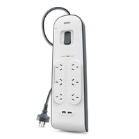 Thumbnail for Belkin 6-Outlet Surge Protector Powerboard with 2M Lead 2 x USB Charging Ports  - White/Grey