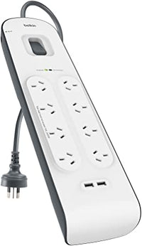 Thumbnail for Belkin 8-outlet Surge Protection Powerbaord 2 x USB Charging Ports - White/Grey