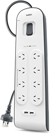 Belkin 8-outlet Surge Protection Powerbaord 2 x USB Charging Ports - White/Grey