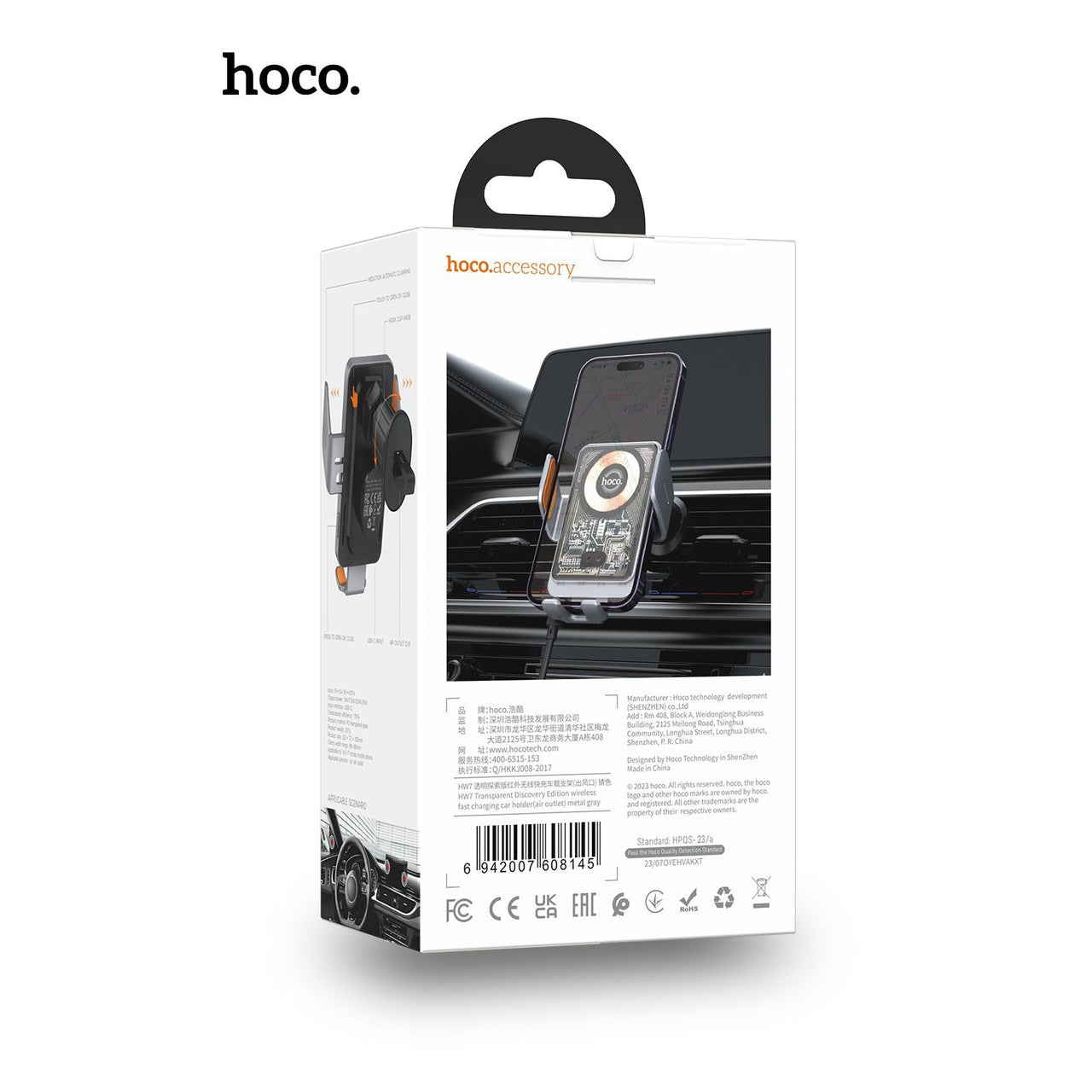 Hoco HW7 15W Transparent Wireless Fast Charging Air Vent Car Holder - Black