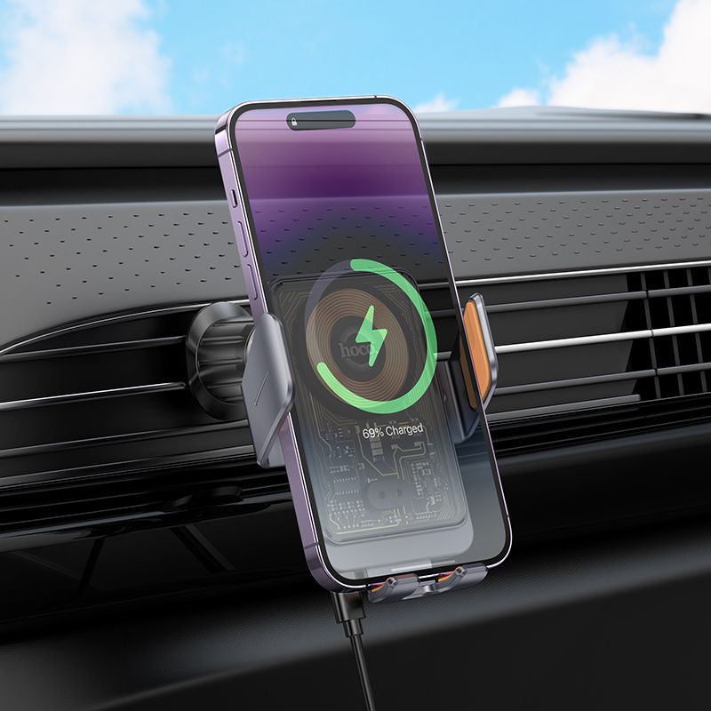 Hoco HW7 15W Transparent Wireless Fast Charging Air Vent Car Holder - Black