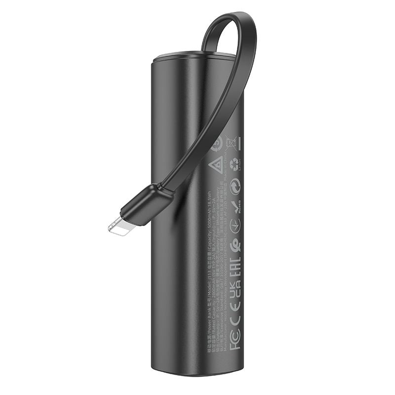 Hoco J113 Mini 5000 mAh Ultra Portable Power Bank w/ Built-in Lightning Cable - Black