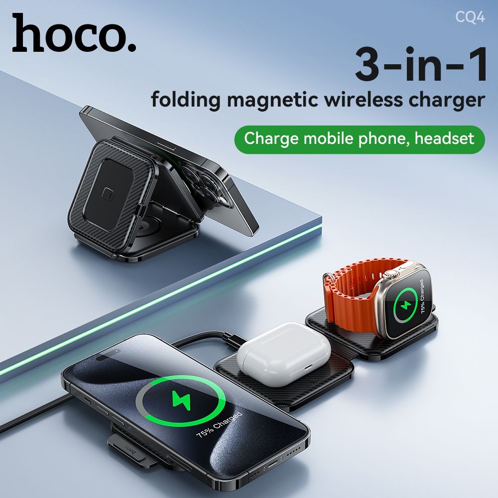 Hoco CQ4 3 in 1 Folding Magnetic Wireless Fast Charger - Black