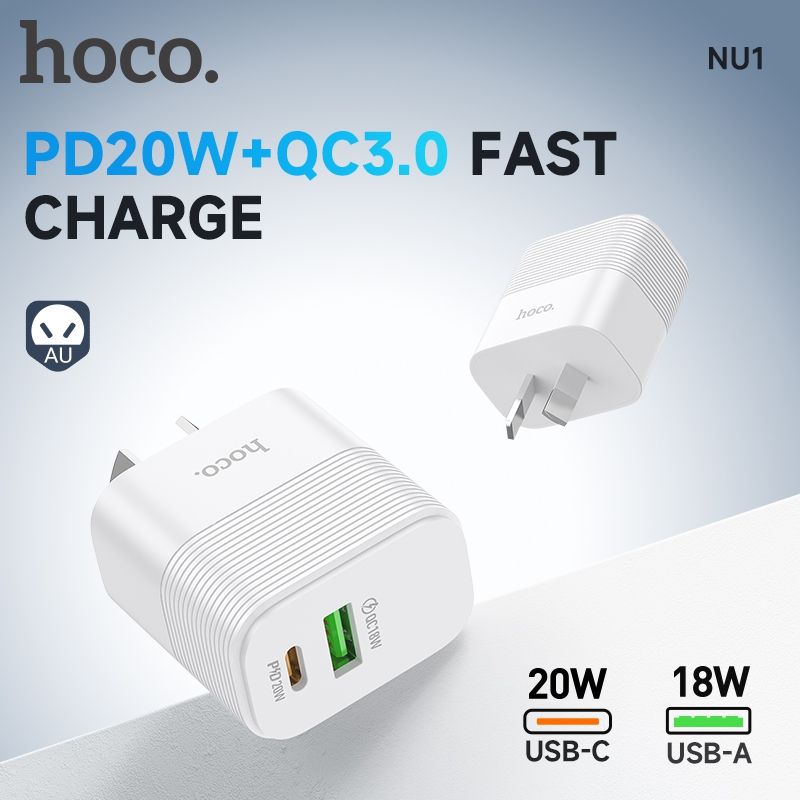 Hoco NU1 20W USB-C and USB-A QC3.0 Power Adapter - White