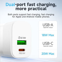 Thumbnail for Hoco NU1 20W USB-C and USB-A QC3.0 Power Adapter - White