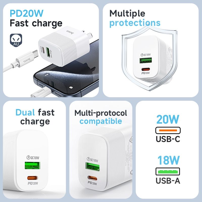 Hoco NU1 20W USB-C and USB-A QC3.0 Power Adapter - White