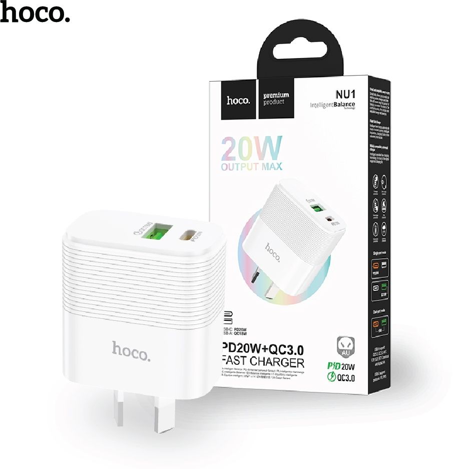 Hoco NU1 20W USB-C and USB-A QC3.0 Power Adapter - White