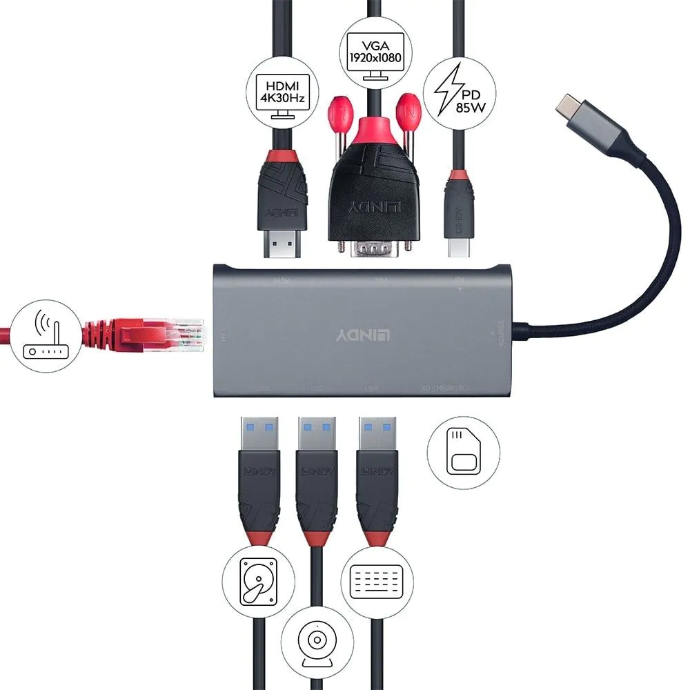 Lindy USB-C Laptop Mini Docking Station with 4K HDMI, VGA and 100W Pass-Through Charging