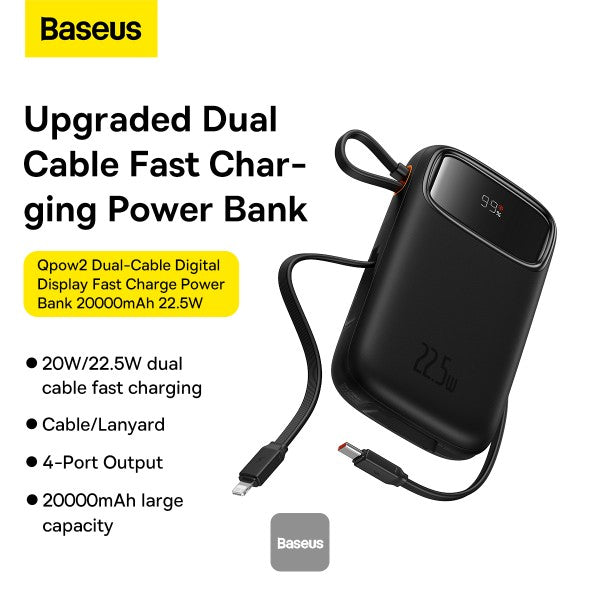 Baseus QPow2 10000mAh Digital Display Fast Charge Power Bank 22.5W With Built-in Dual-Cable Lightning And Type-C - Black