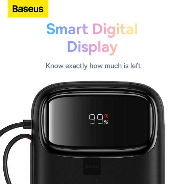 Baseus QPow2 10000mAh Digital Display Fast Charge Power Bank 22.5W With Built-in Dual-Cable Lightning And Type-C - Black