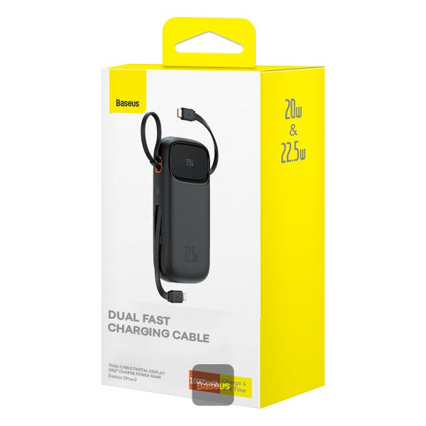 Baseus QPow2 10000mAh Digital Display Fast Charge Power Bank 22.5W With Built-in Dual-Cable Lightning And Type-C - Black