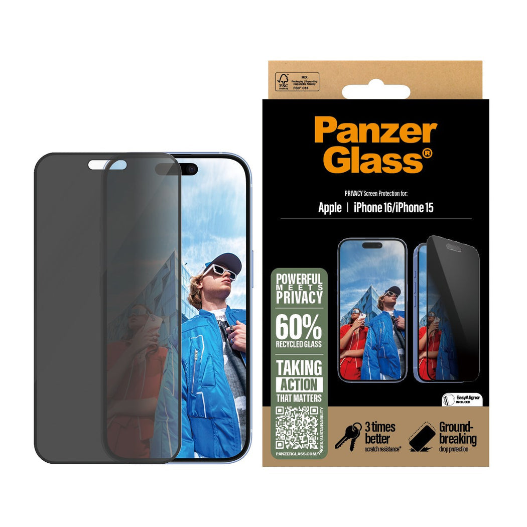 PanzerGlass®Ultra-Wide Fit Privacy Screen Protector For iPhone 16 / 15 - Black