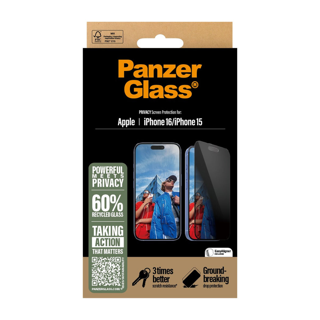 PanzerGlass®Ultra-Wide Fit Privacy Screen Protector For iPhone 16 / 15 - Black