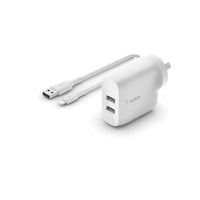 Thumbnail for Belkin BOOSTCHARGE Dual USB-A Wall Charger 24W + Lightning to USB-A Cable - White